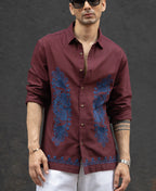 Wine Embroidered Linen Blend Shirt