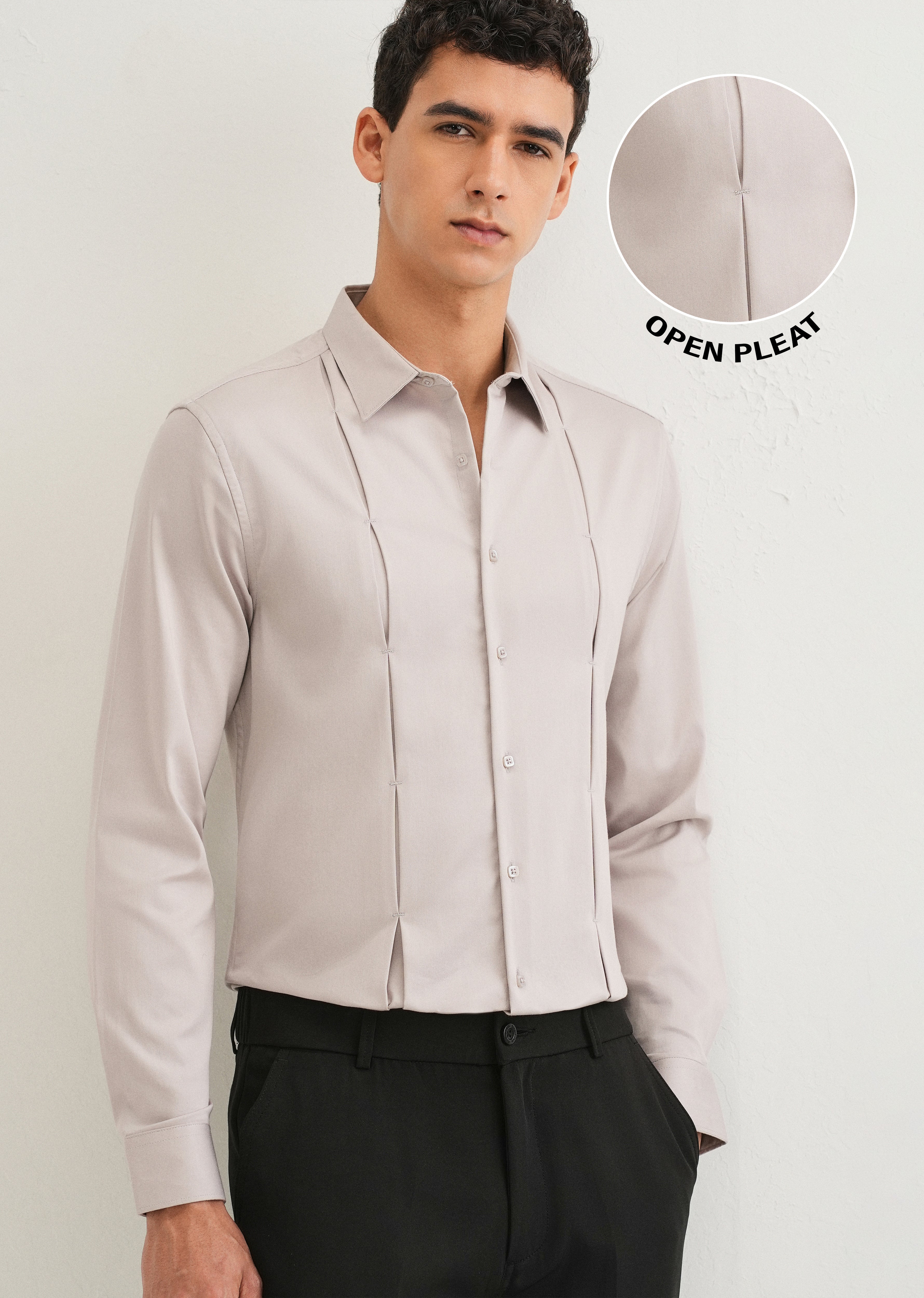 Mink Gray Front Panel Open Pleat Shirt