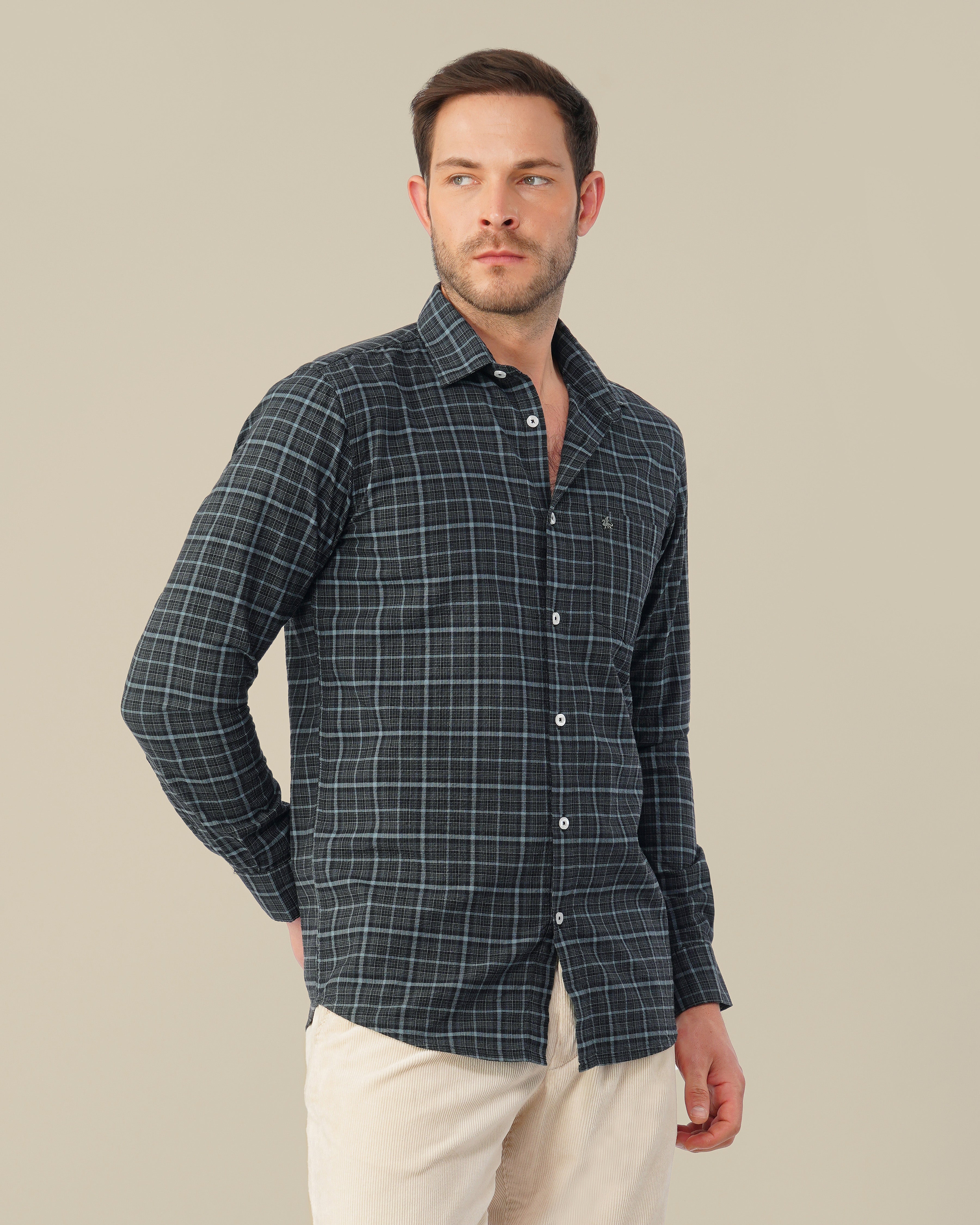 Charcoal Gray Plaid Dobby Check Linen Plus Blend Shirt