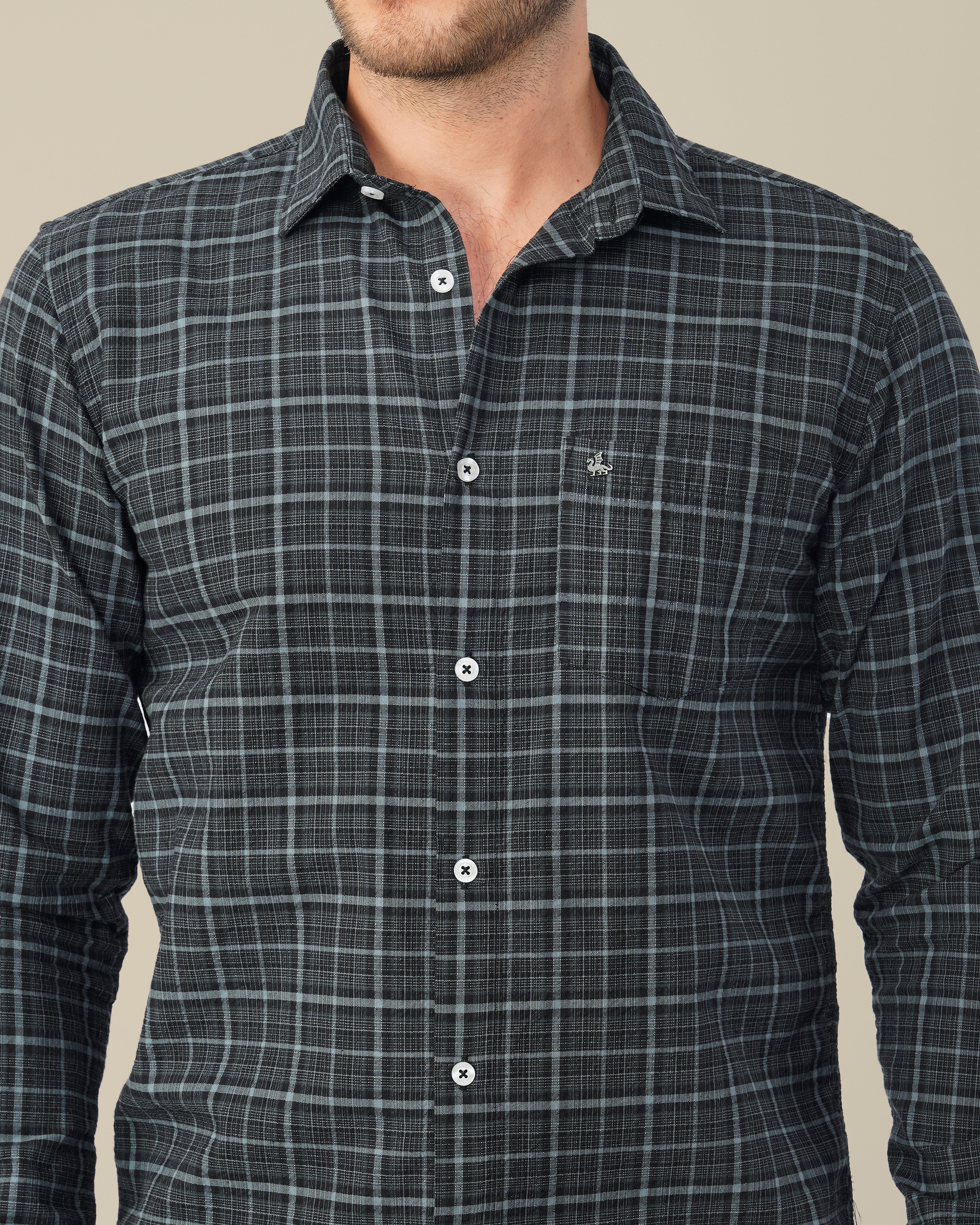 Charcoal Gray Plaid Dobby Check Linen Plus Blend Shirt