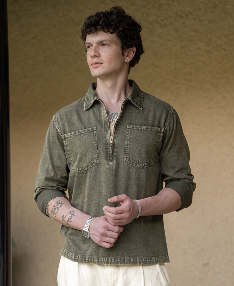 Dark Olive Washed Zipper Shirt