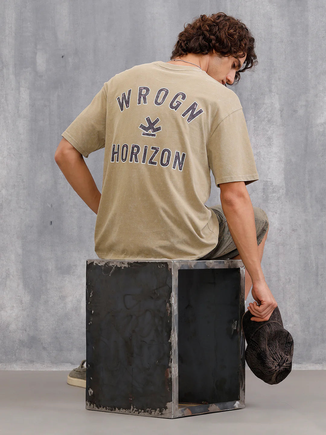 Washed Printed Oversized Fit Pure Cotton T-Shirt | Khaki