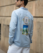 Blue Linen Blend Embroidered Shirt