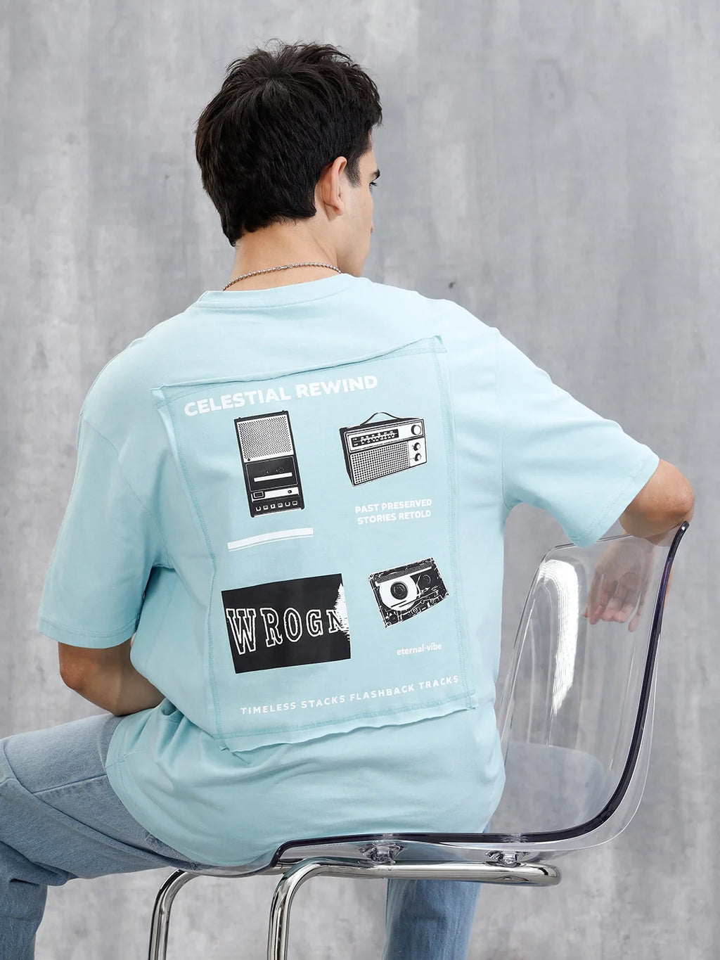 Back Printed Patchwork T-Shirt | Light Blue