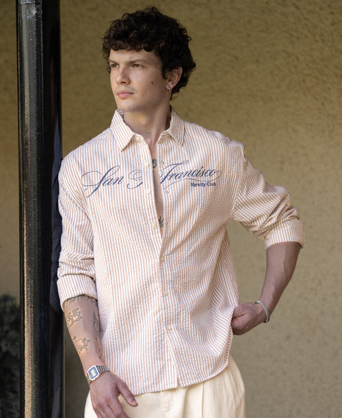 Beige Seersucker Printed Stripe Shirt