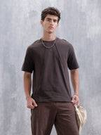 Men Solid Comfort Fit Tshirt With Pipping Detail | Dark Brown