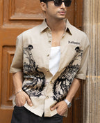 Beige Cowboy Print Boxy Shirt 100% Cotton