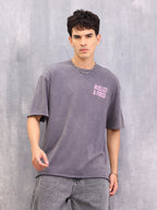 Retro Washed Oversized Fit Raw Edge T-shirt With Graphic | Grey