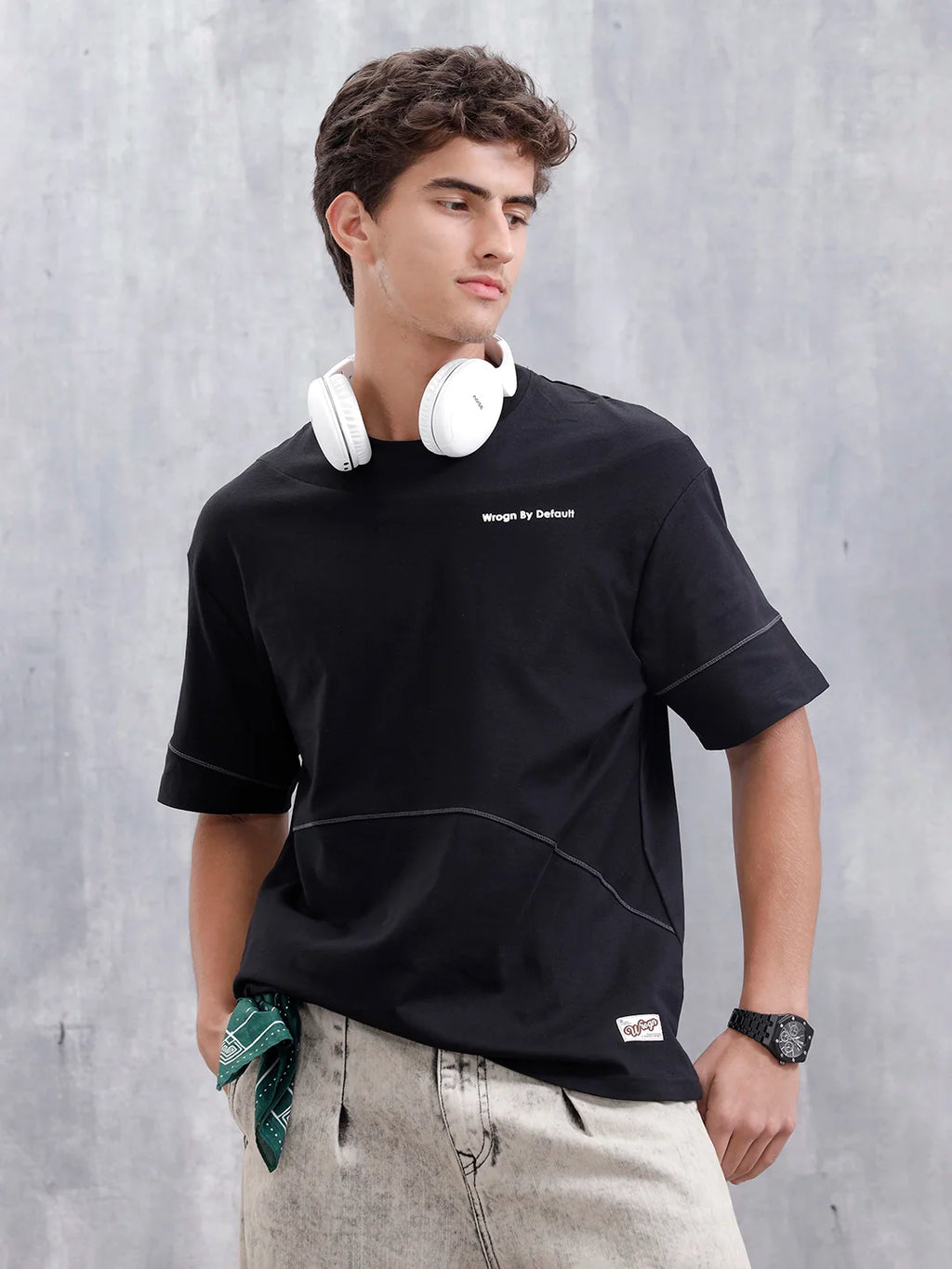 Casual Men Oversized Fit Tee With Flat Lock Detail | Black