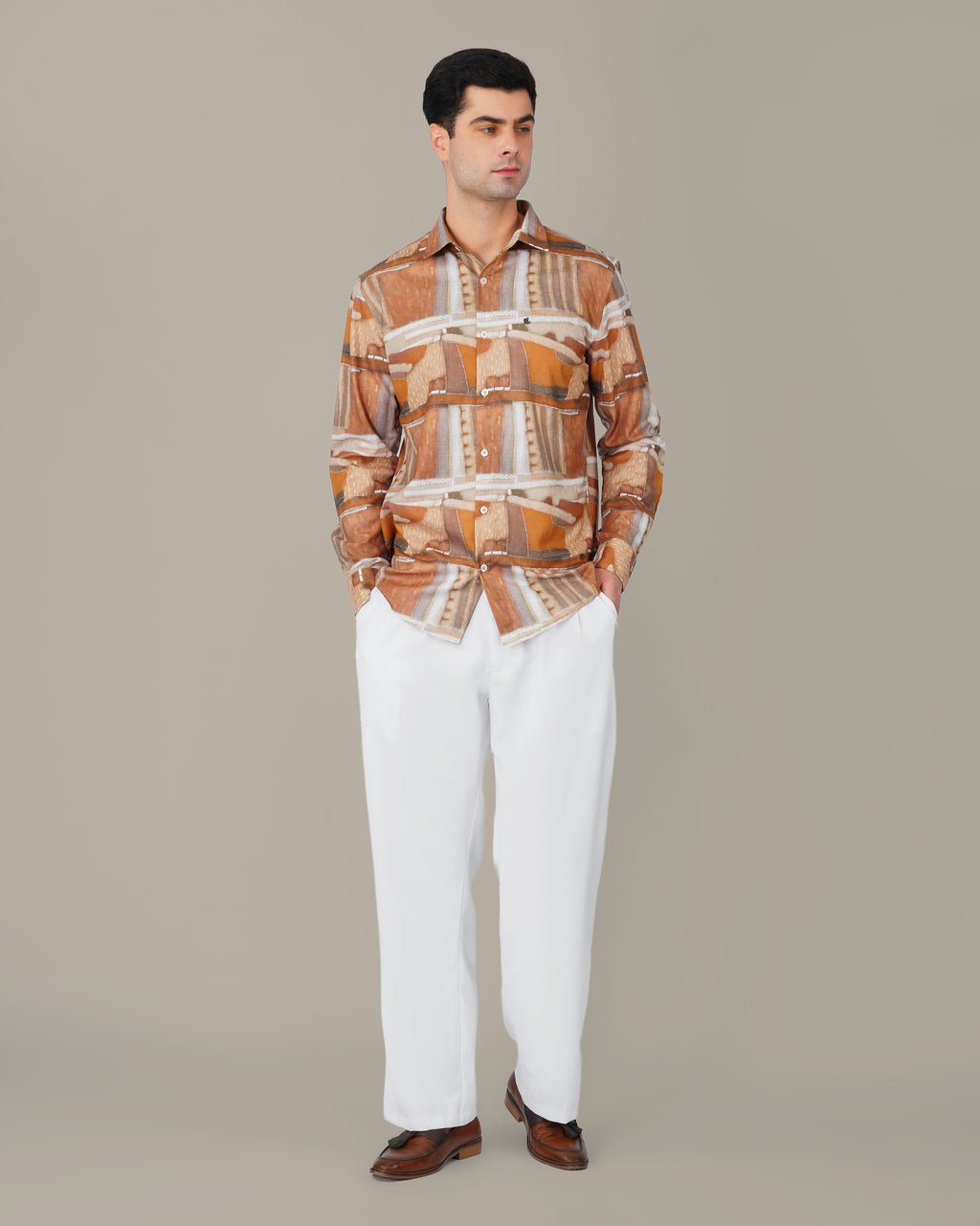 Terracotta Abstract Print Smooth Polyester Button-Up Shirt