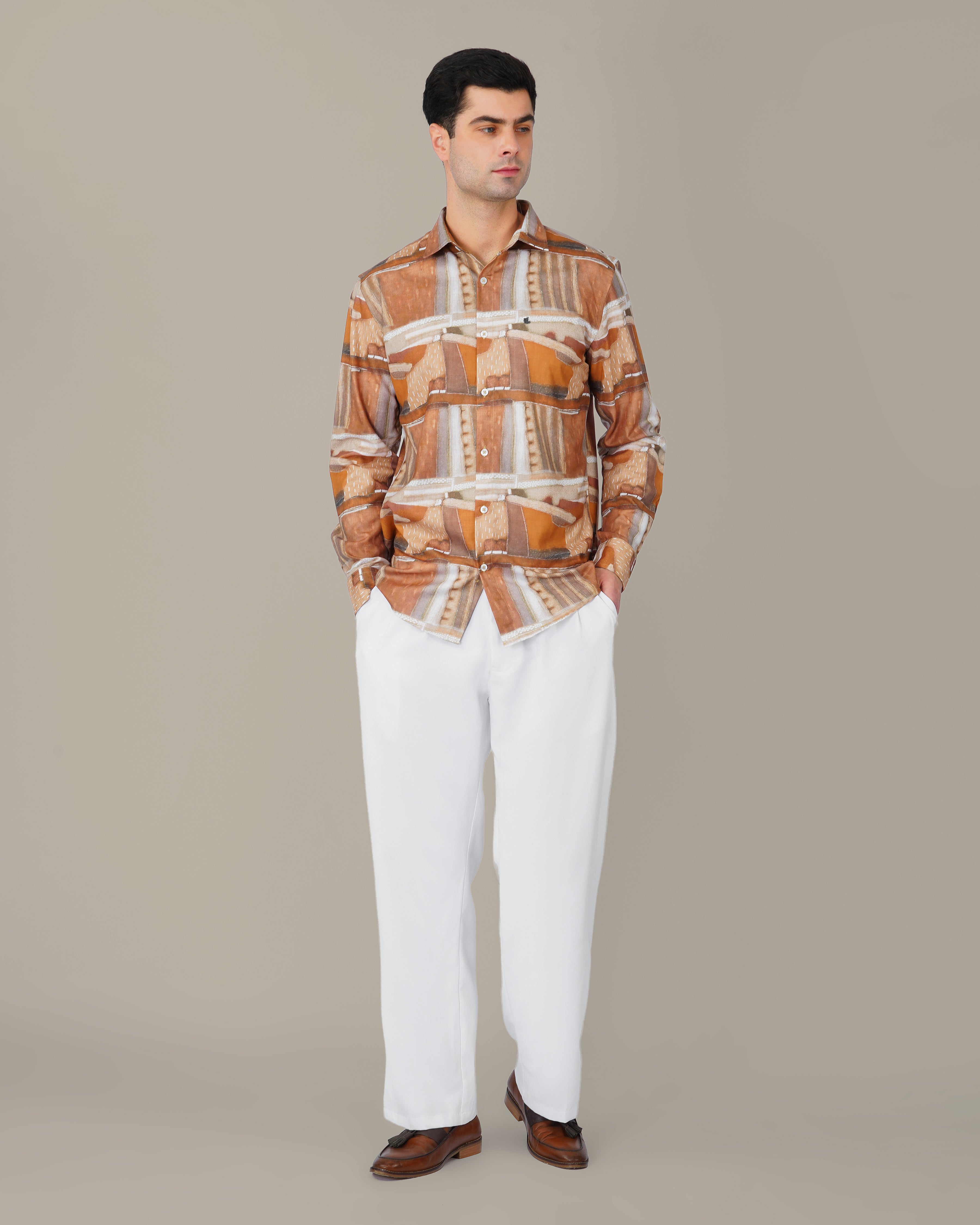 Terracotta Abstract Print Smooth Polyester Button-Up Shirt