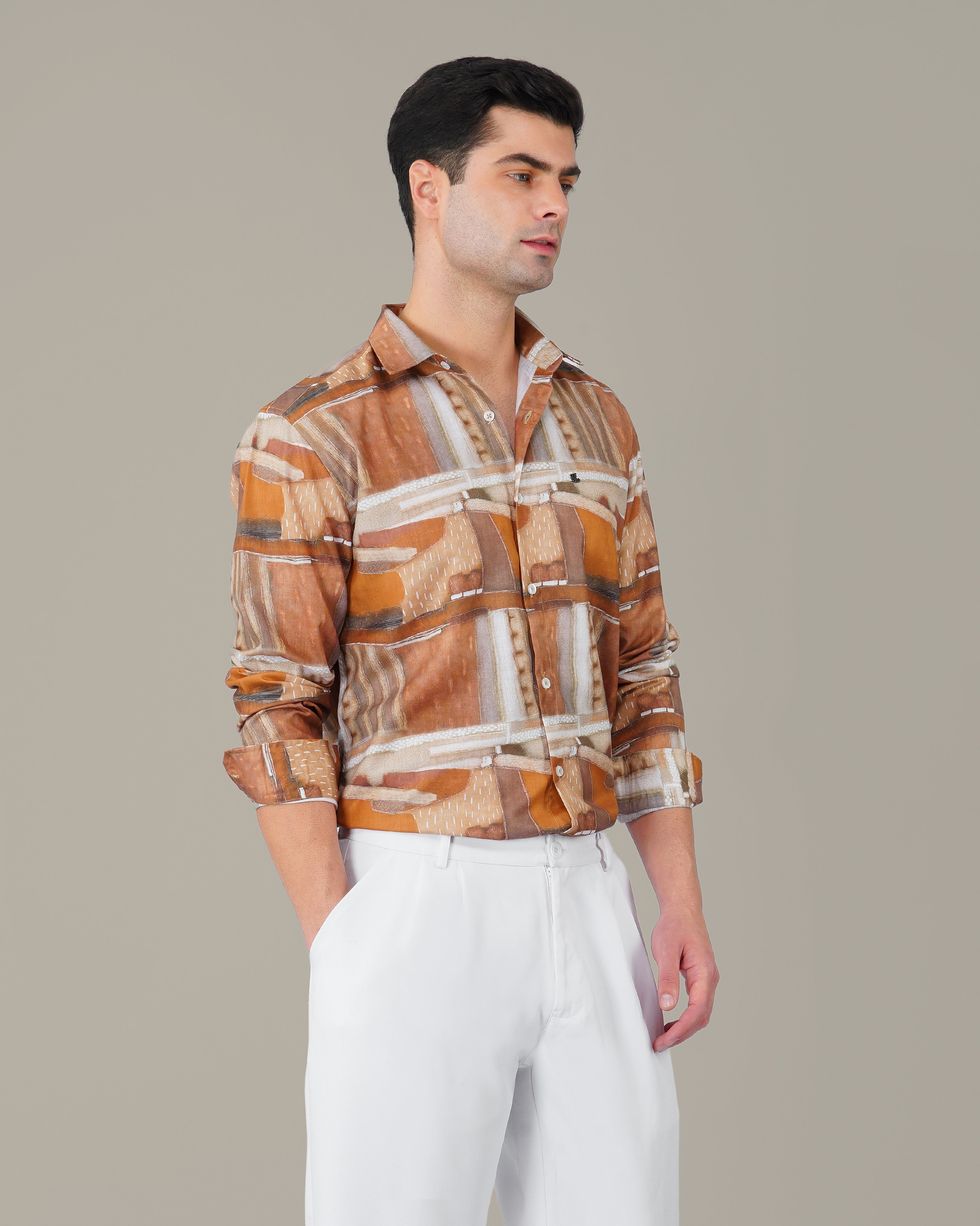 Terracotta Abstract Print Smooth Polyester Button-Up Shirt