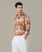 Terracotta Abstract Print Smooth Polyester Button-Up Shirt