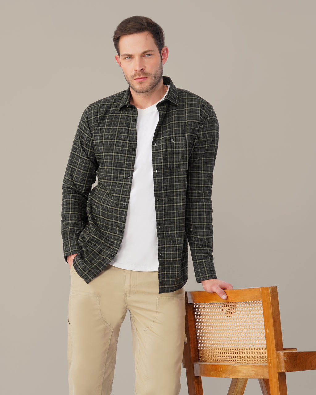 Charcoal Green Dobby Check Linen Plus Cotton Shirt