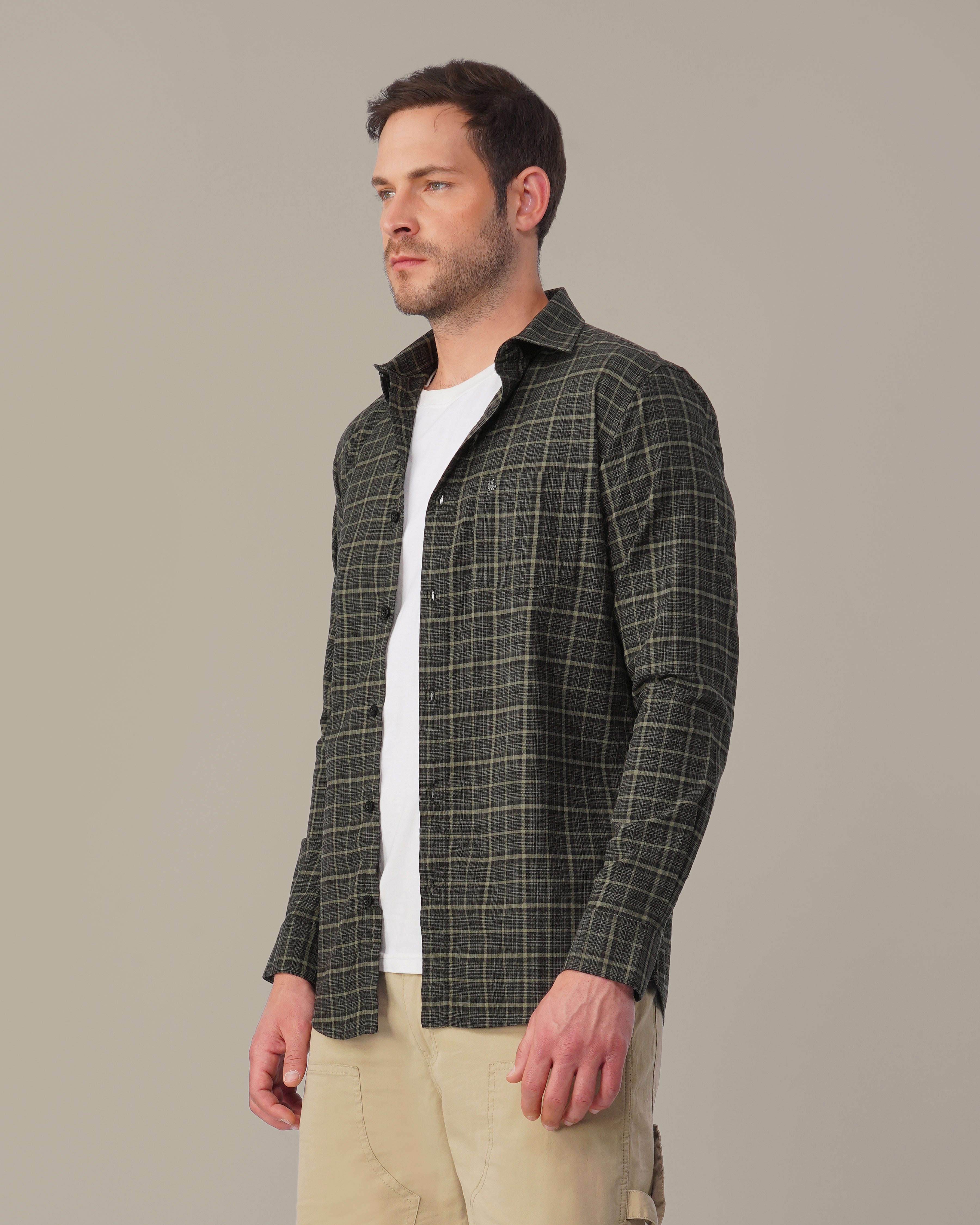 Charcoal Green Dobby Check Linen Plus Cotton Shirt
