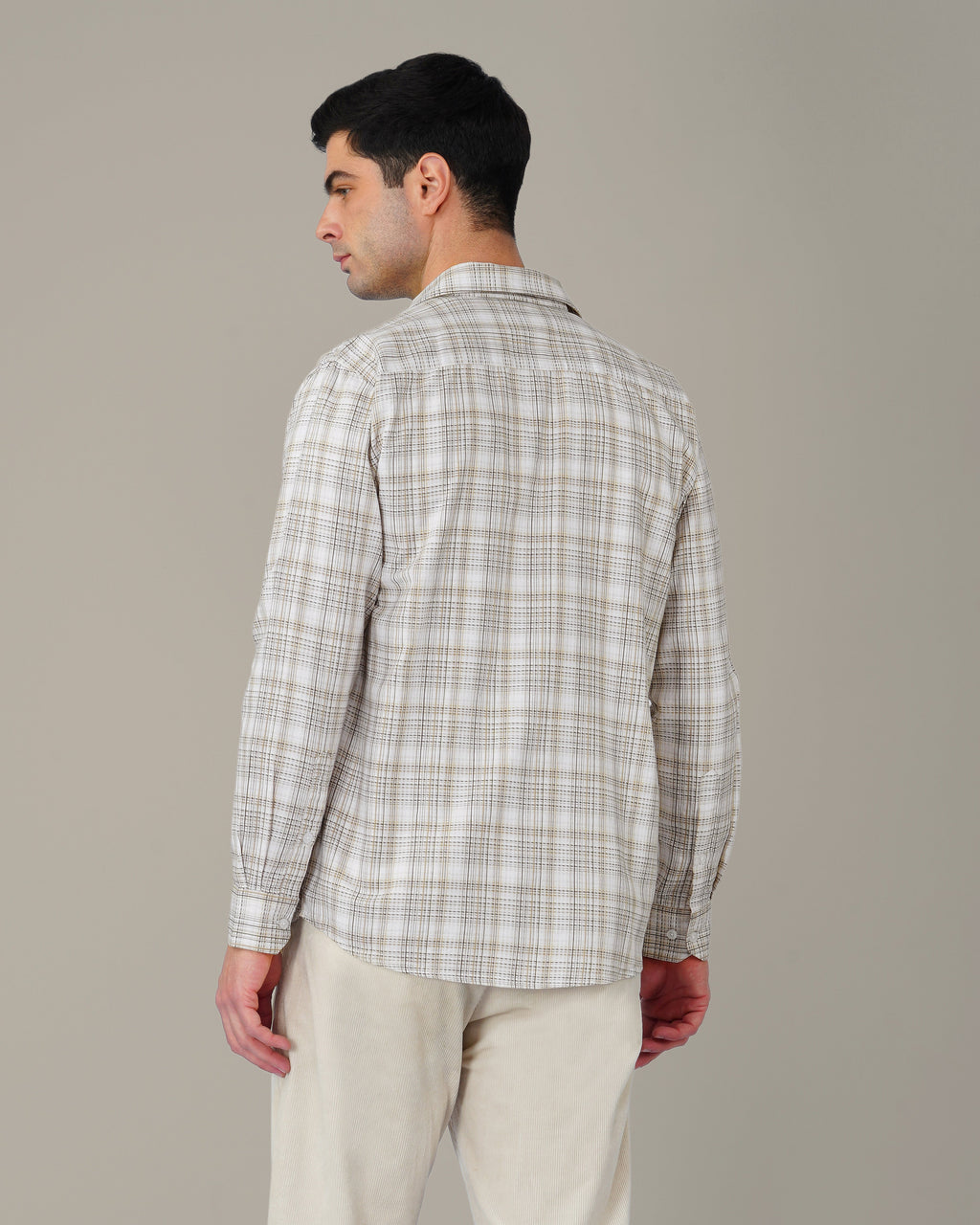 Beige Brown Plaid 100% Cotton Slub Casual Button-Up Shirt