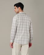Beige Brown Plaid 100% Cotton Slub Casual Button-Up Shirt