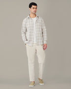 Beige Brown Plaid 100% Cotton Slub Casual Button-Up Shirt