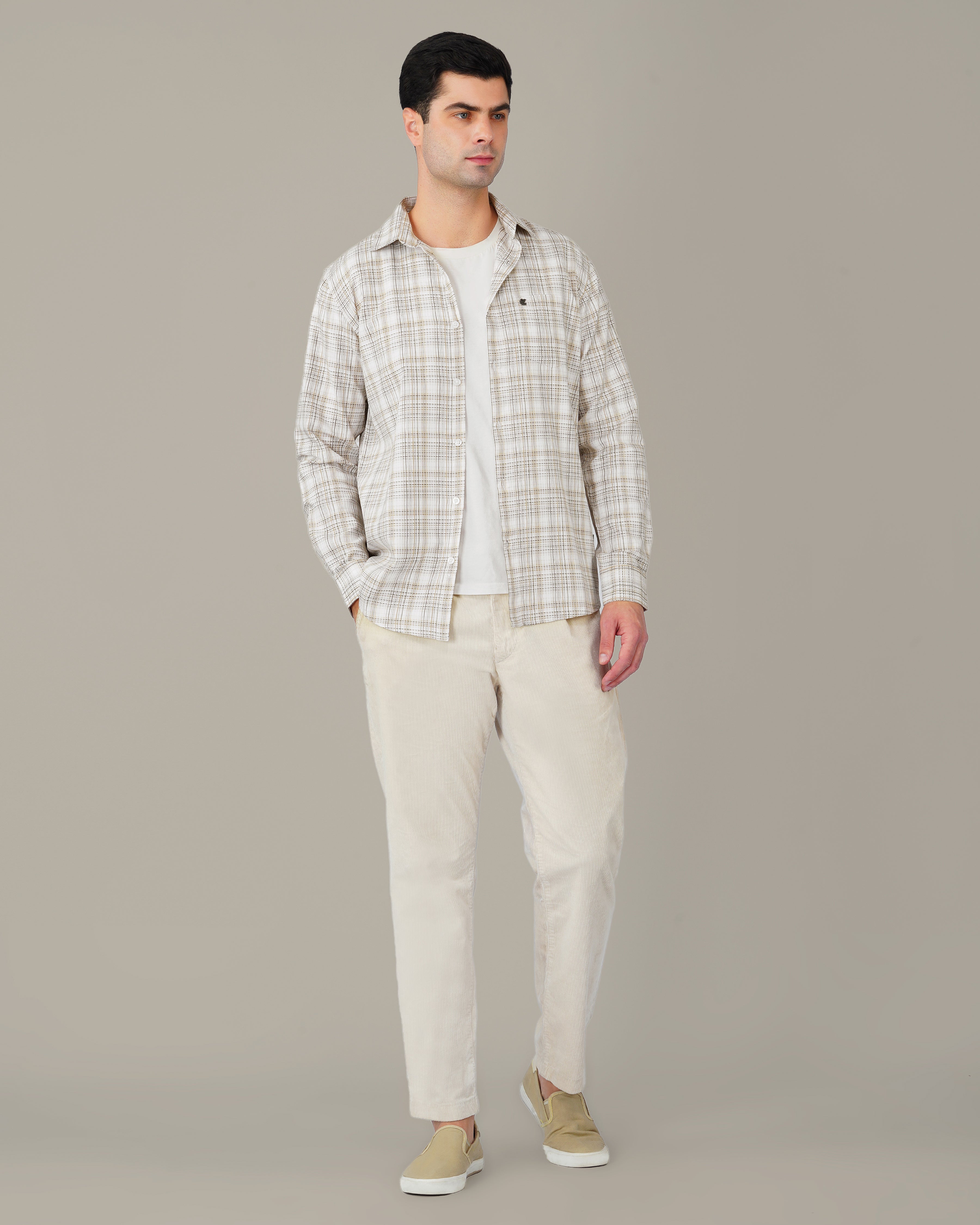 Beige Brown Plaid 100% Cotton Slub Casual Button-Up Shirt