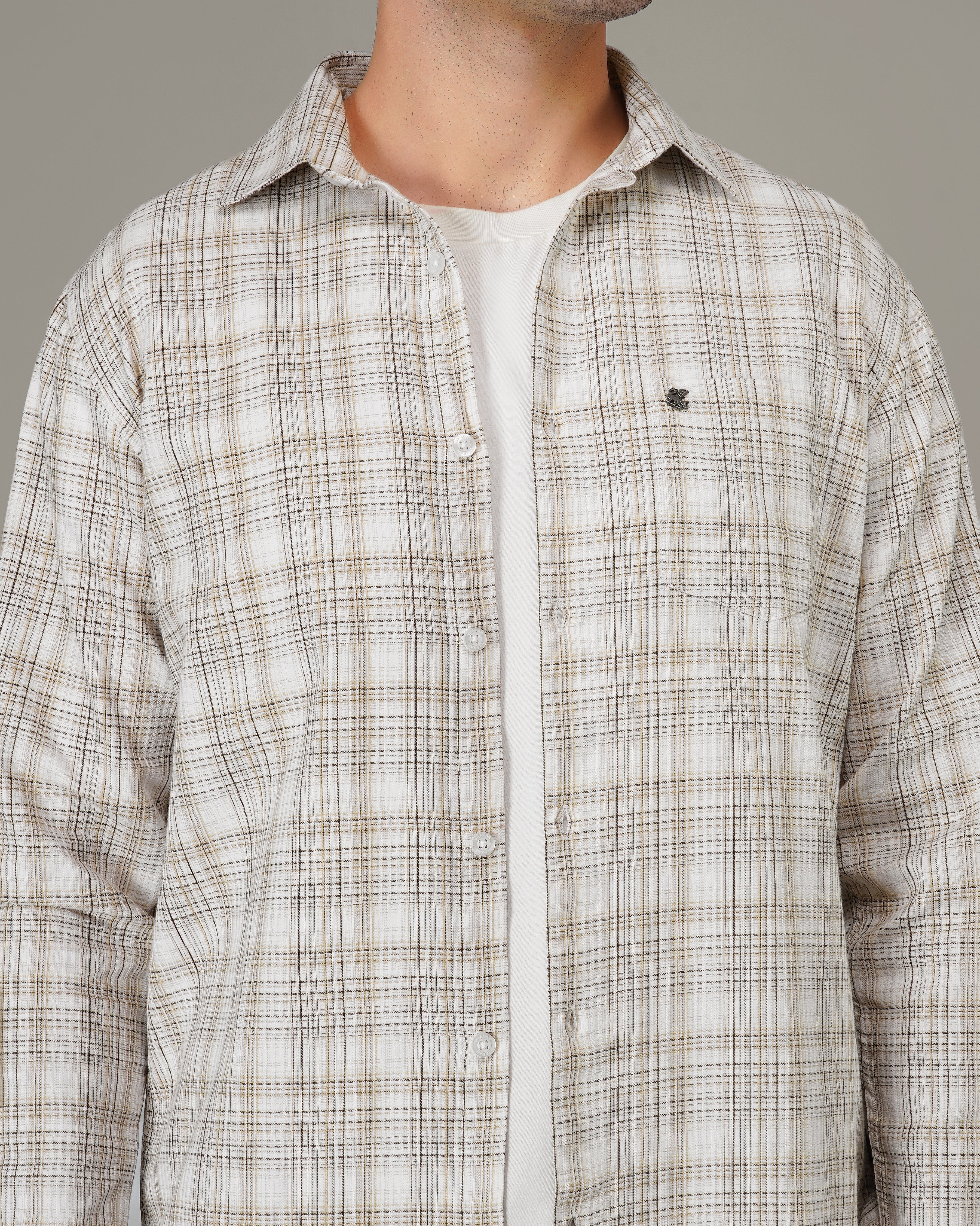 Beige Brown Plaid 100% Cotton Slub Casual Button-Up Shirt