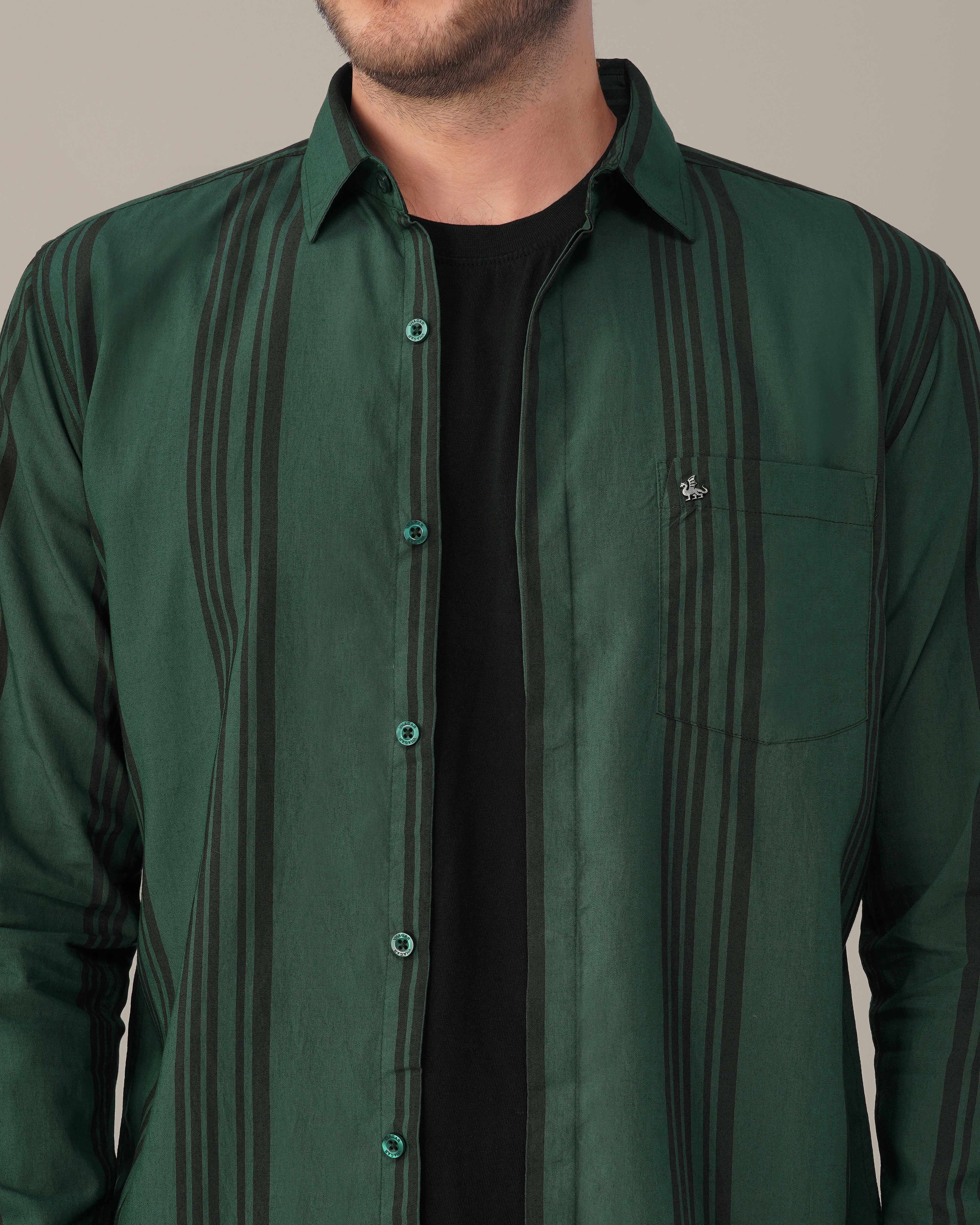 Teal Striped Viscose-Nylon Blend Button-Up Shirt