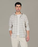 Beige Brown Plaid 100% Cotton Slub Casual Button-Up Shirt