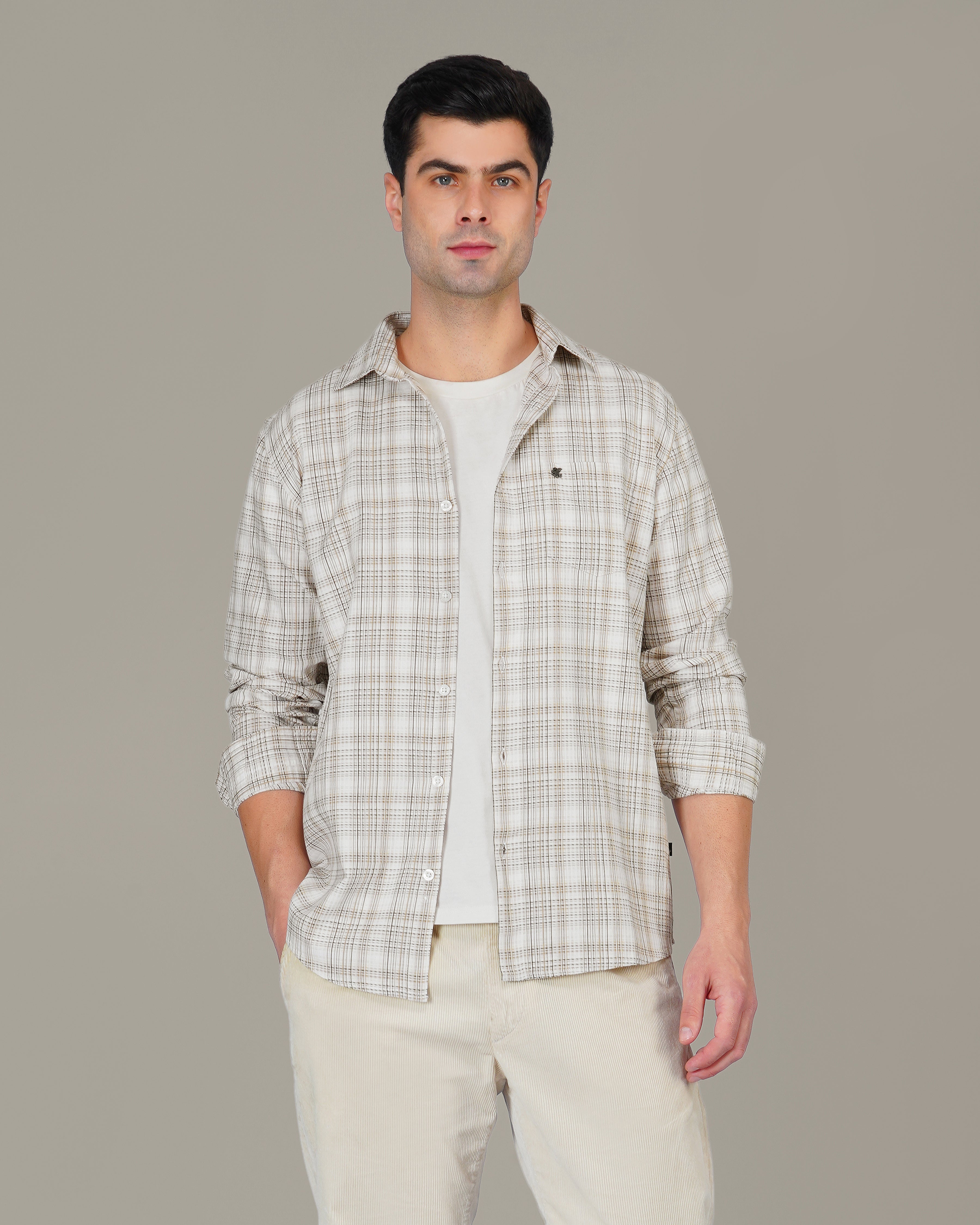 Beige Brown Plaid 100% Cotton Slub Casual Button-Up Shirt