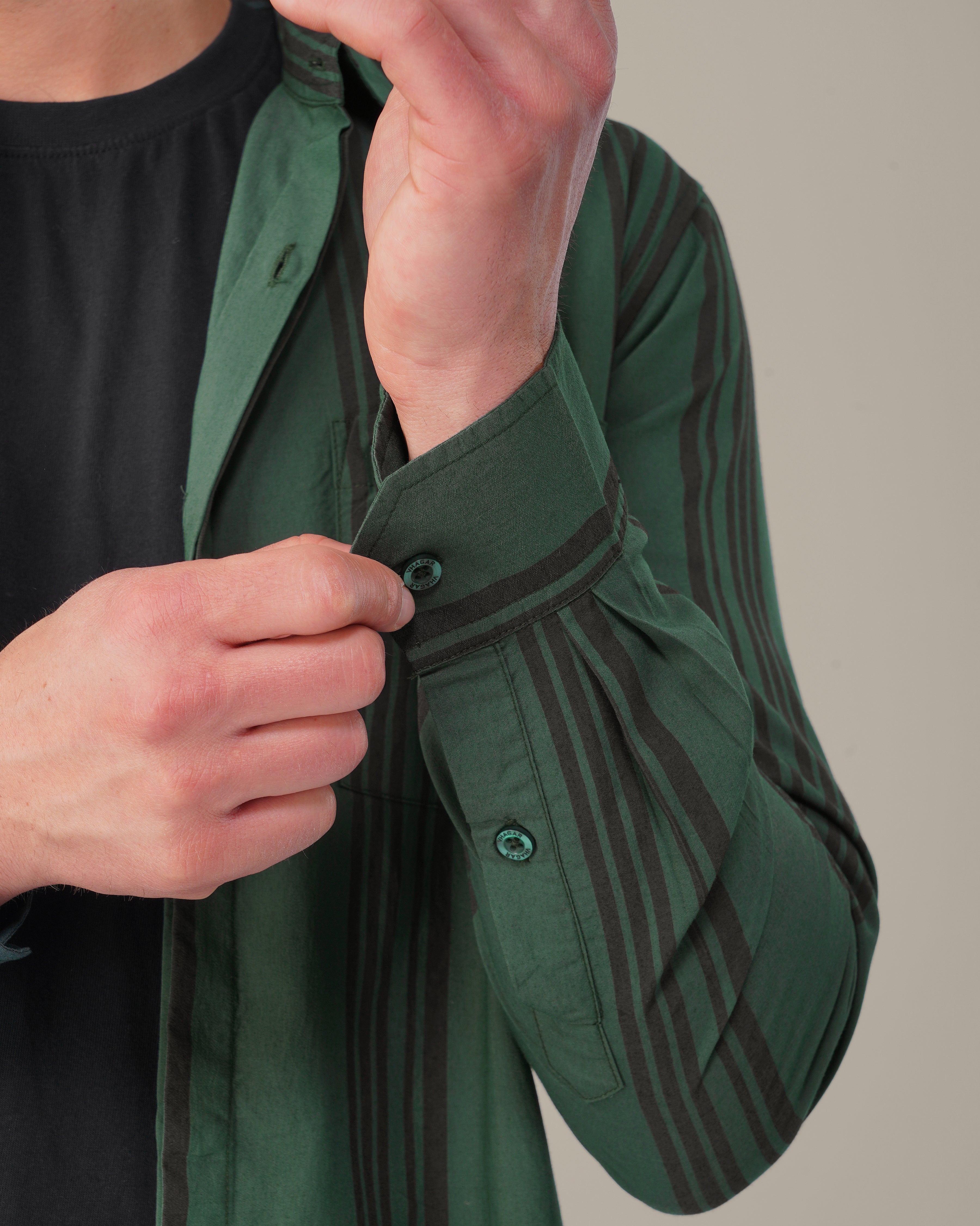 Teal Striped Viscose-Nylon Blend Button-Up Shirt