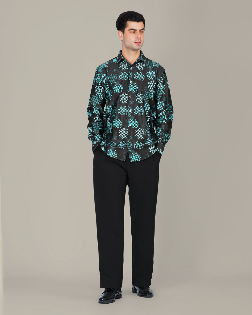 Teal Pixel Polyester Viscose Blend Button-Up Shirt