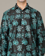 Teal Pixel Polyester Viscose Blend Button-Up Shirt