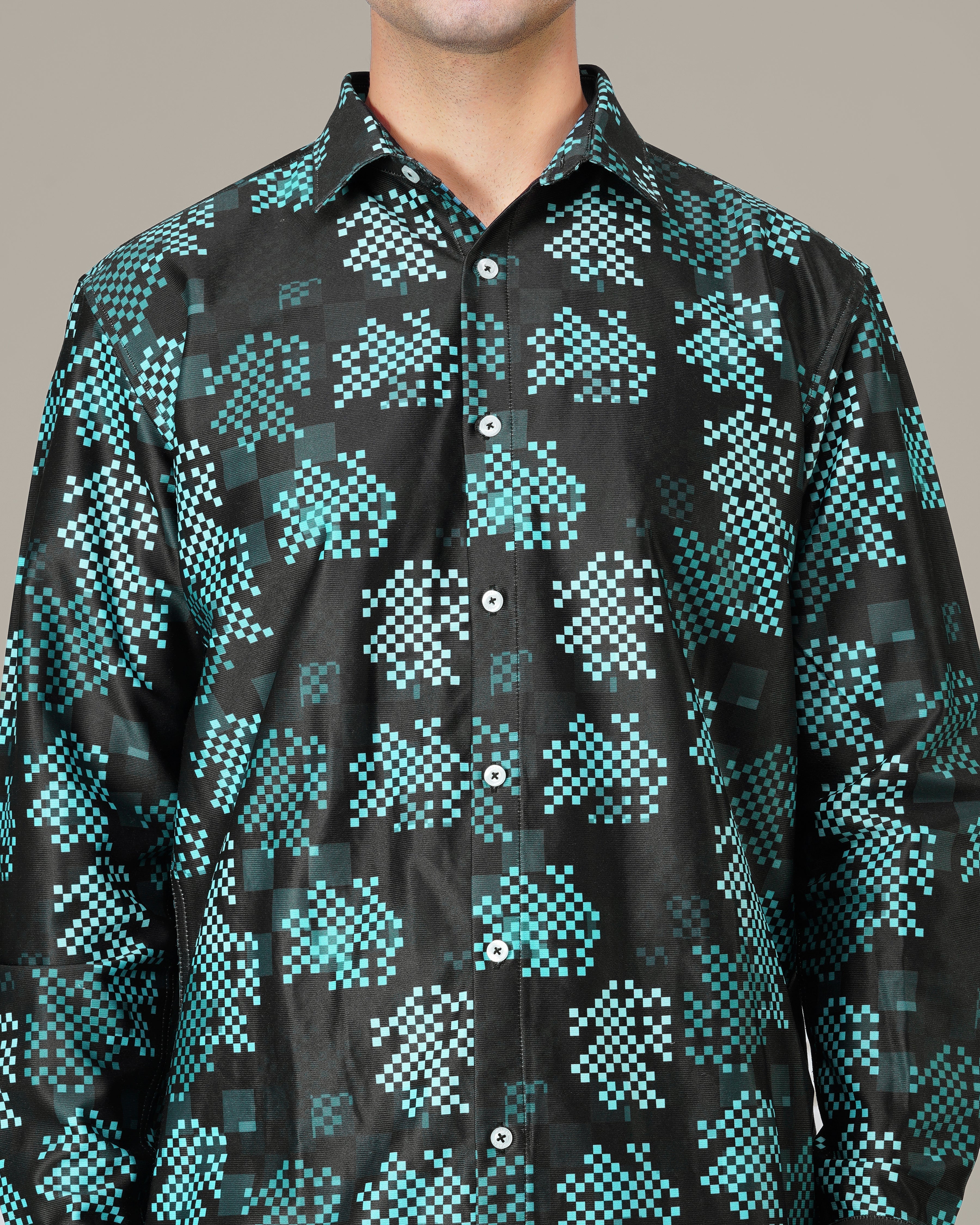 Teal Pixel Polyester Viscose Blend Button-Up Shirt