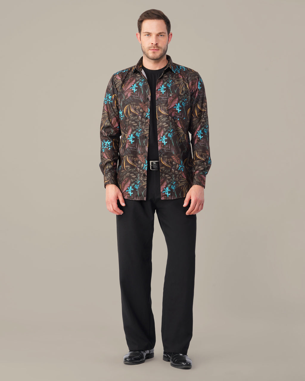 Black Floral Print 100% Polyester Shirt
