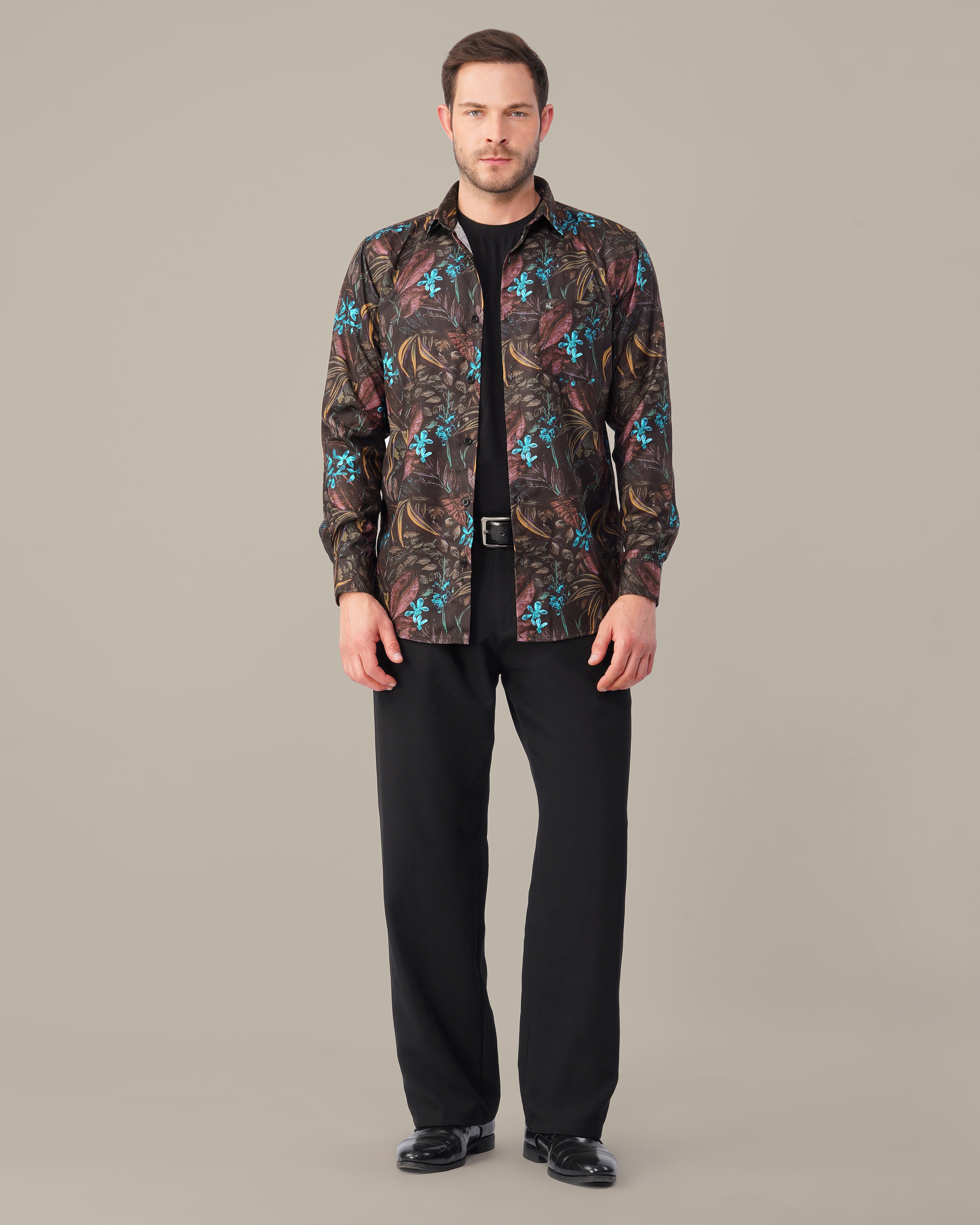 Black Floral Print 100% Polyester Shirt