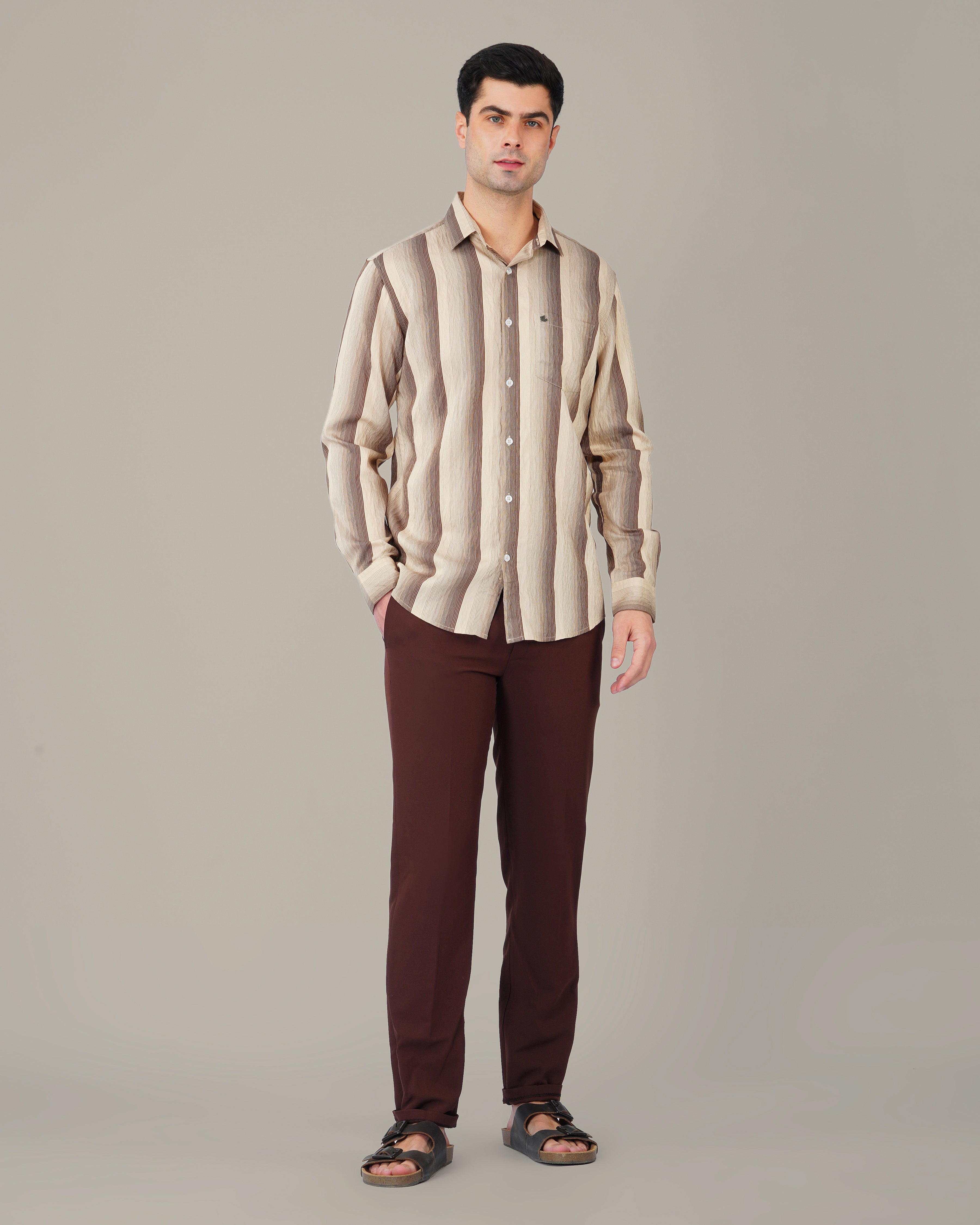 Beige and Brown Striped Viscose-Nylon Blend Button-Up Shirt