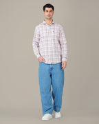 White and Pink Plaid 100% Cotton Slub Button-Up Shirt