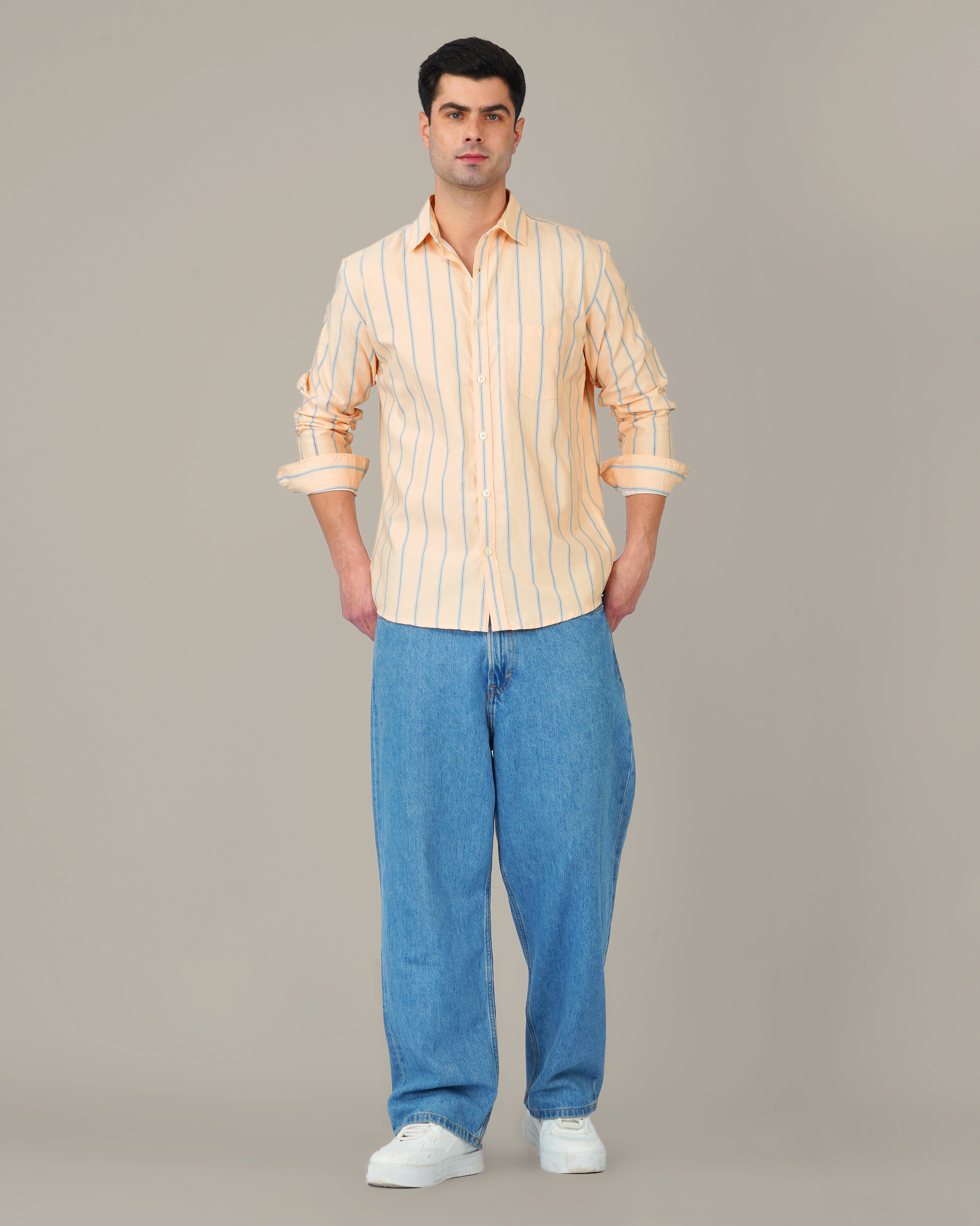 Peach Striped Cotton-Poly Blend Button-Down Shirt