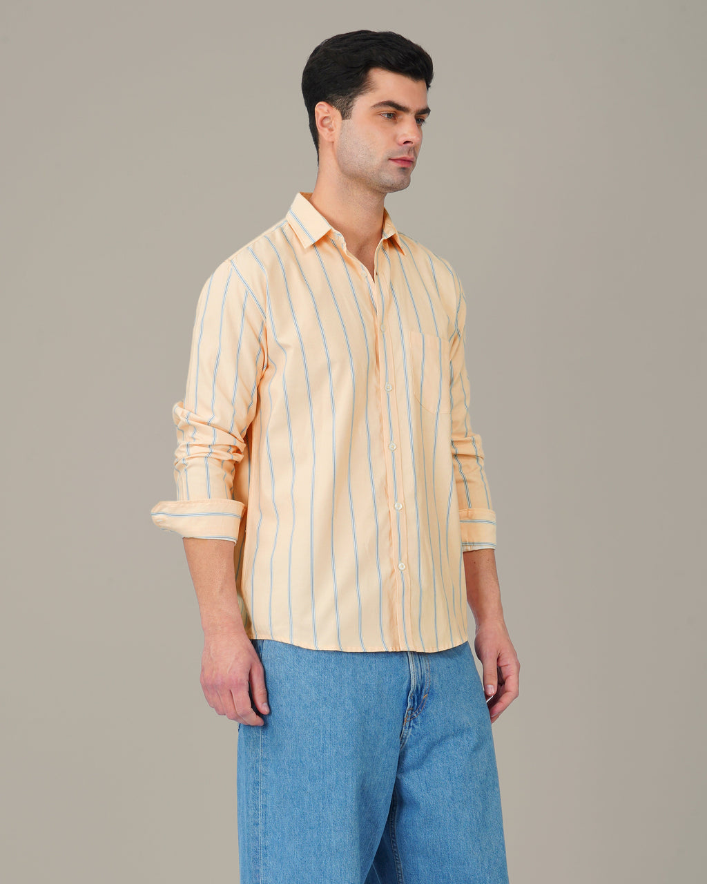 Peach Striped Cotton-Poly Blend Button-Down Shirt