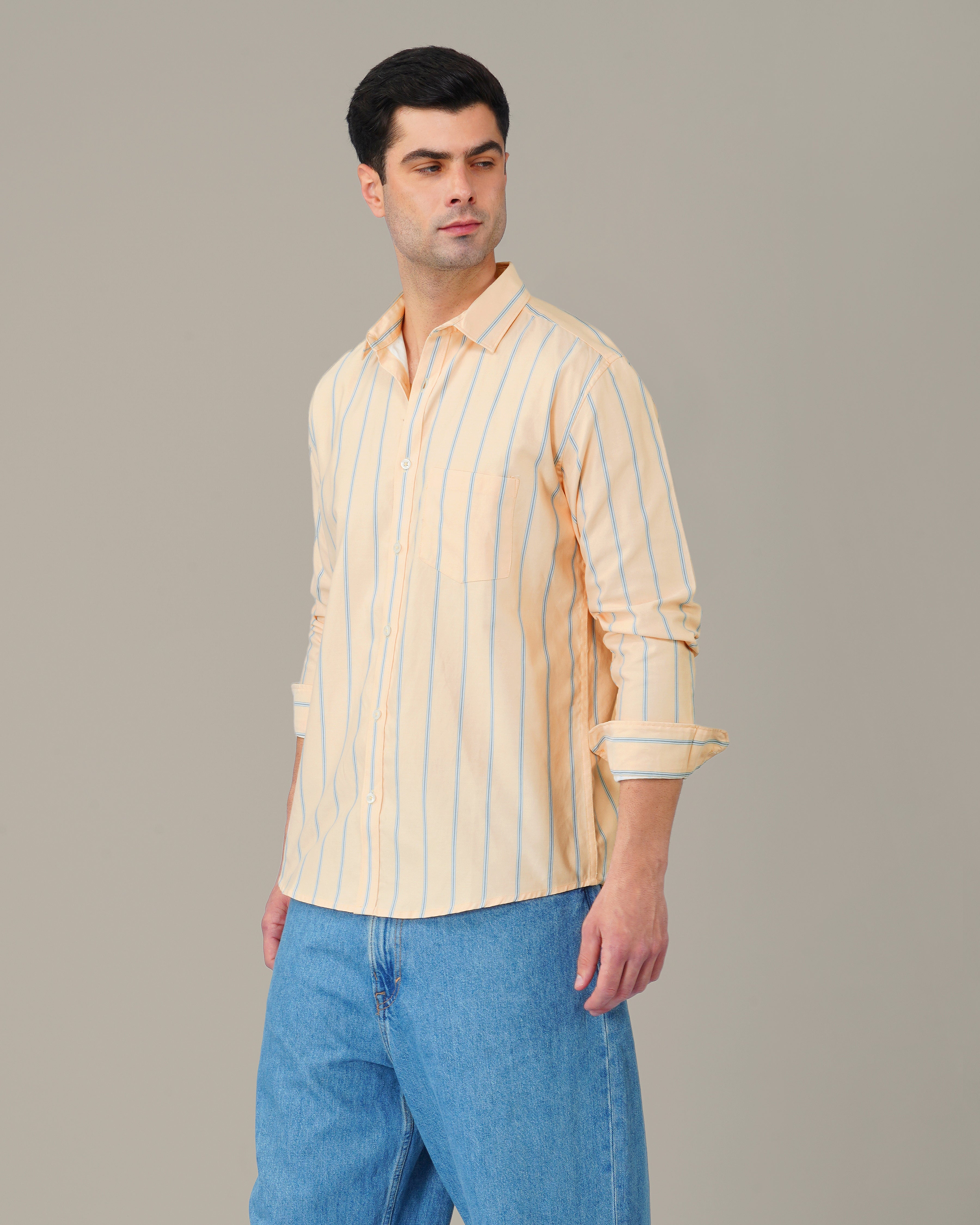 Peach Striped Cotton-Poly Blend Button-Down Shirt