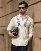Natural Embroidered Linen Blend Shirt