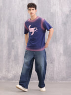 Spray Washed Effect Graphic Printed Oversized Fit T-shirt | Blue