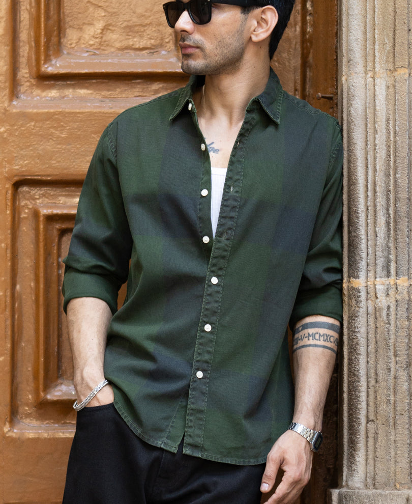 Olive Overdyed Checks Shirt 100% Cotton