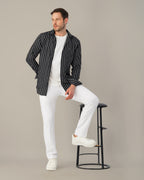 Black and White Striped Viscose-Nylon Blend Button-Up Shirt