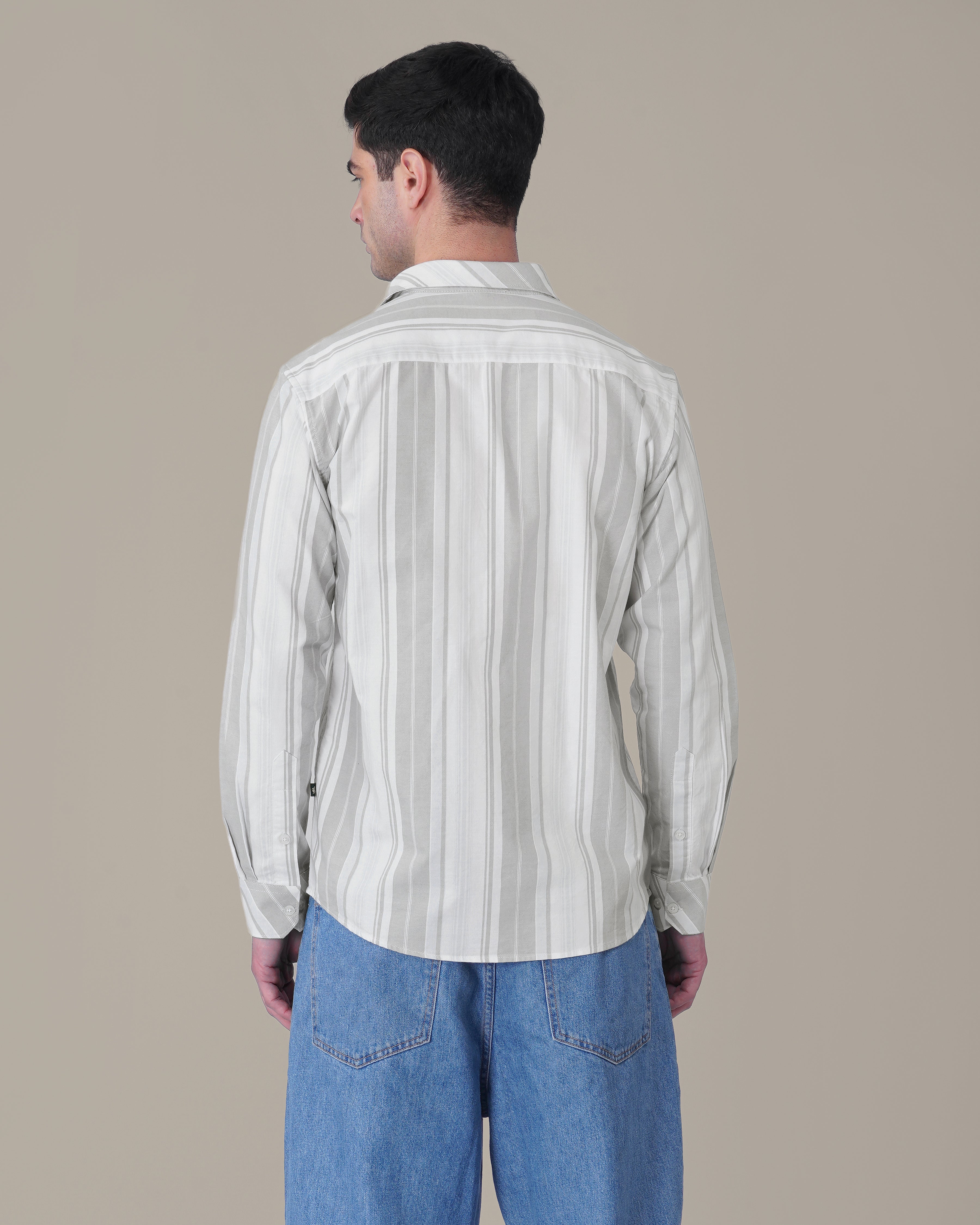 White and Light Grey Striped 100% Cotton Oxford Shirt