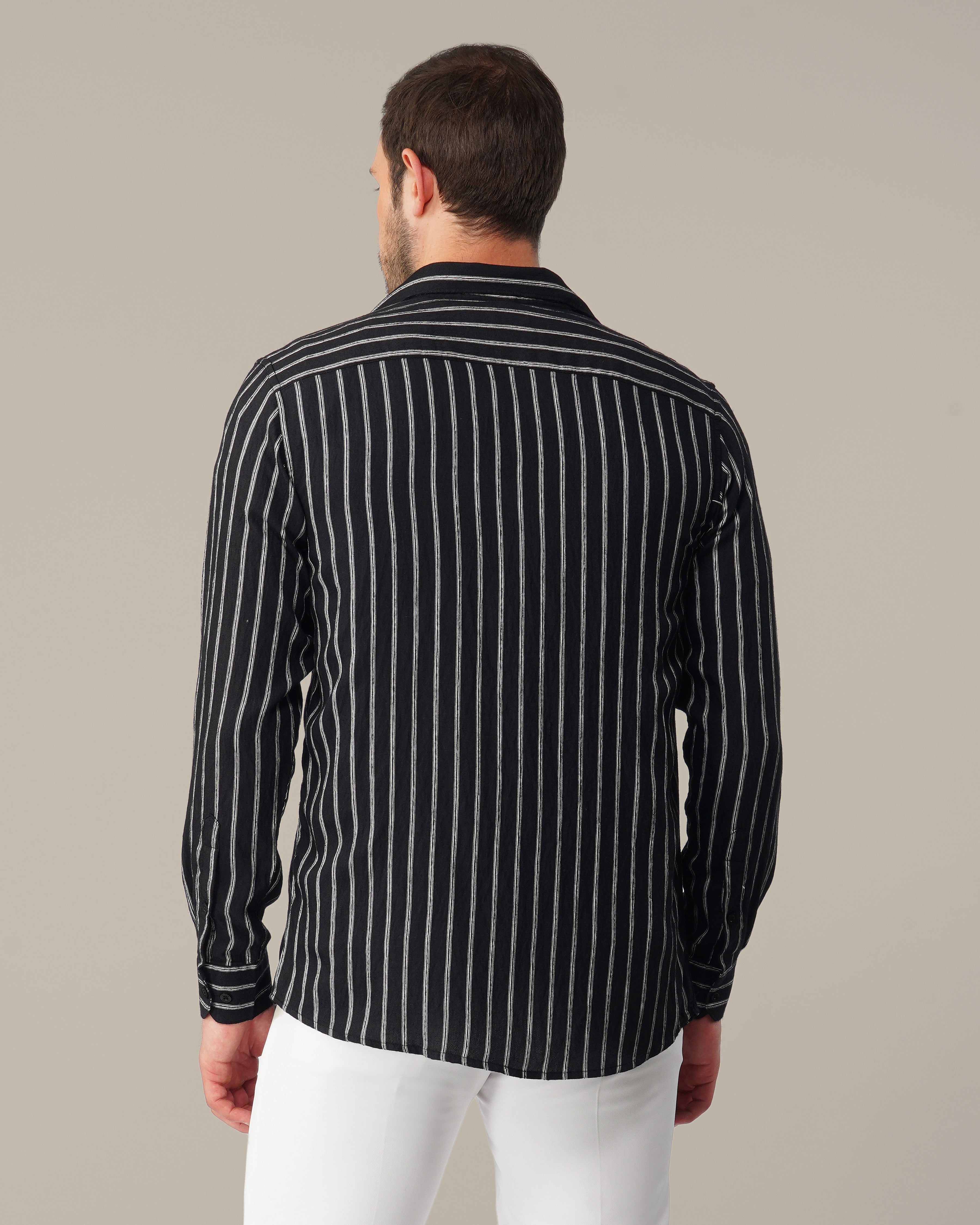 Black and White Striped Viscose-Nylon Blend Button-Up Shirt