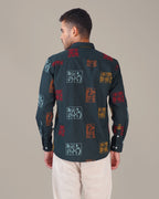 Dark Green Floral Print Cotton-Rich Slub Weave Shirt