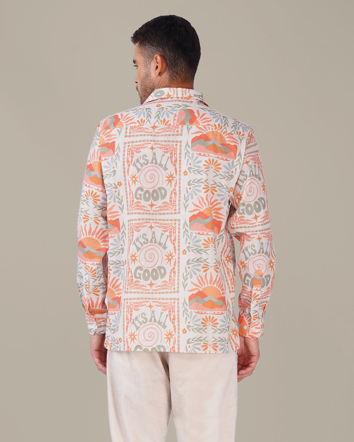 Natural Slub Print Cotton-Blend Button-Up Shirt