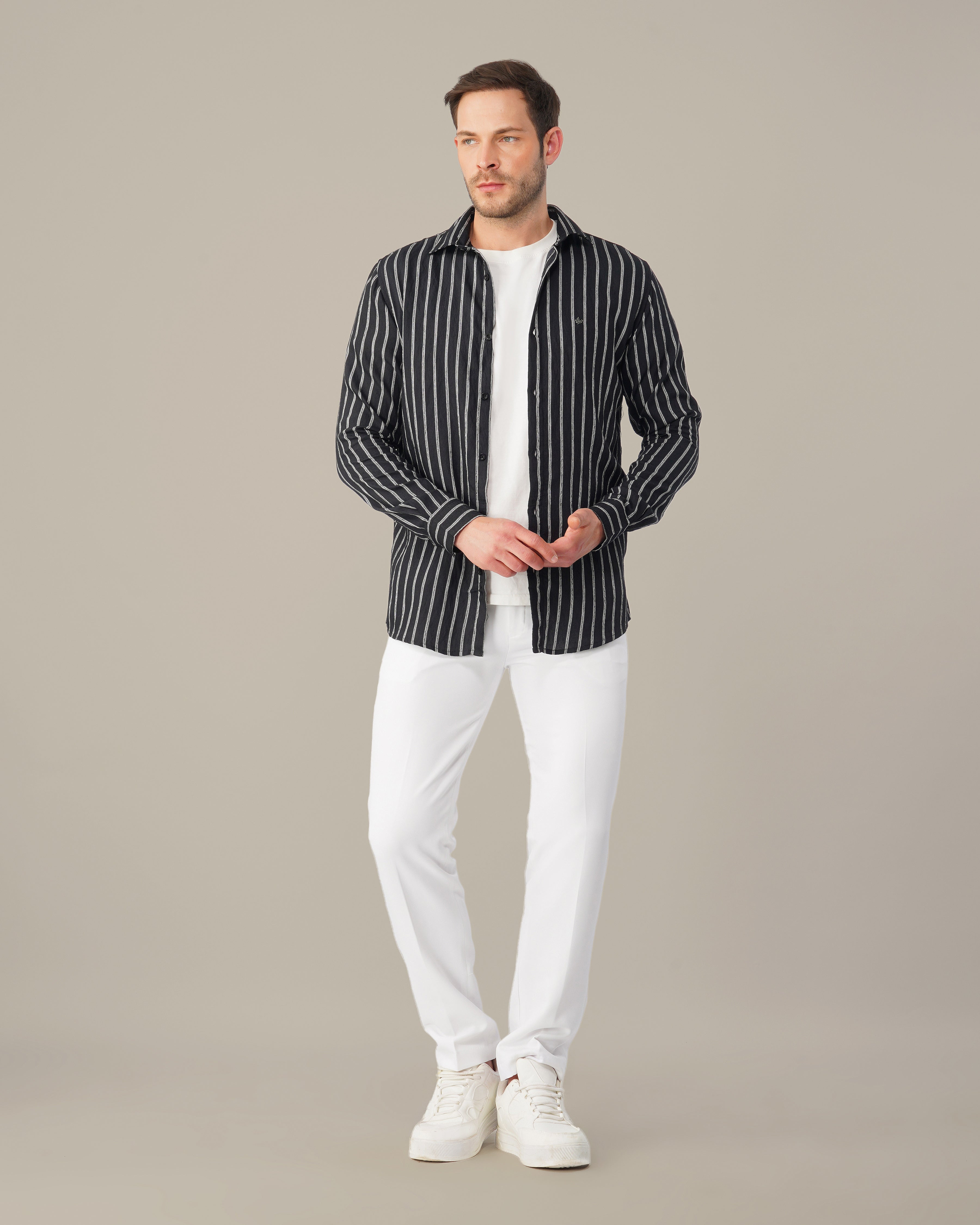 Black and White Striped Viscose-Nylon Blend Button-Up Shirt