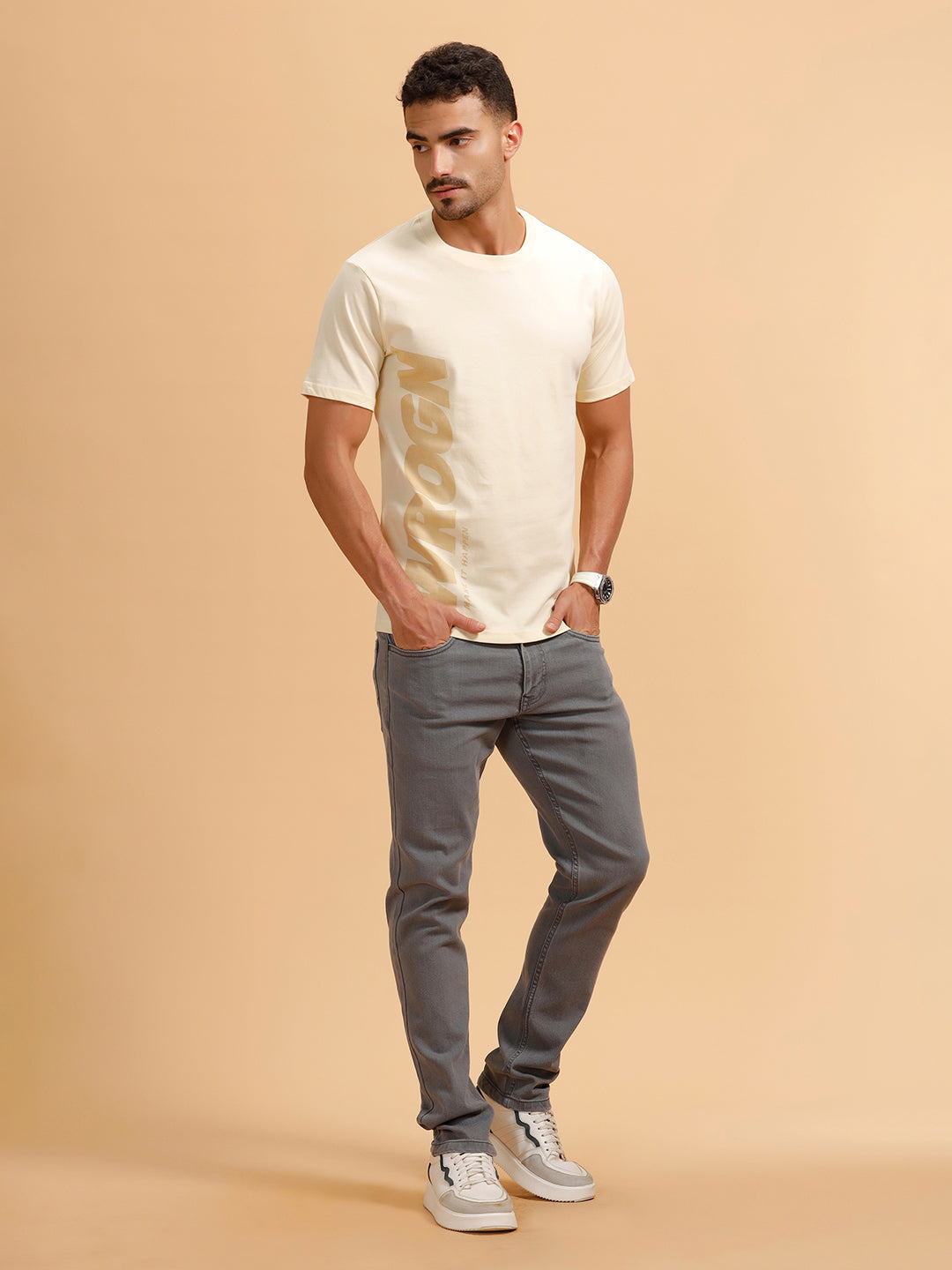 Printed Slim Fit T-Shirt | Beige