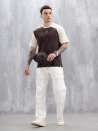 Wrogn Men's Casual Colorblocked T-Shirt  | Brown