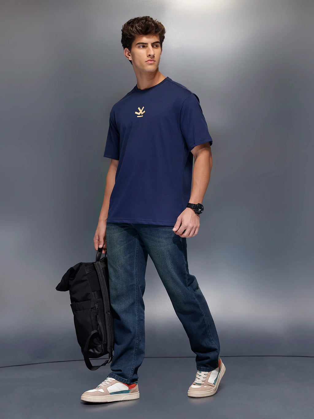 Classic Oversized Back Printed T-Shirt   |  Navy Blue